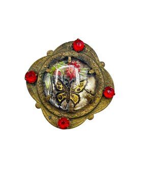 Vintage Czech Pin Brooch Reverse Painted Butterfly Glass Rhinestones Brass Setti